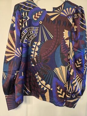 Ann Taylor Floral Geometric Print Blouse in Purple, Blue & Cream
